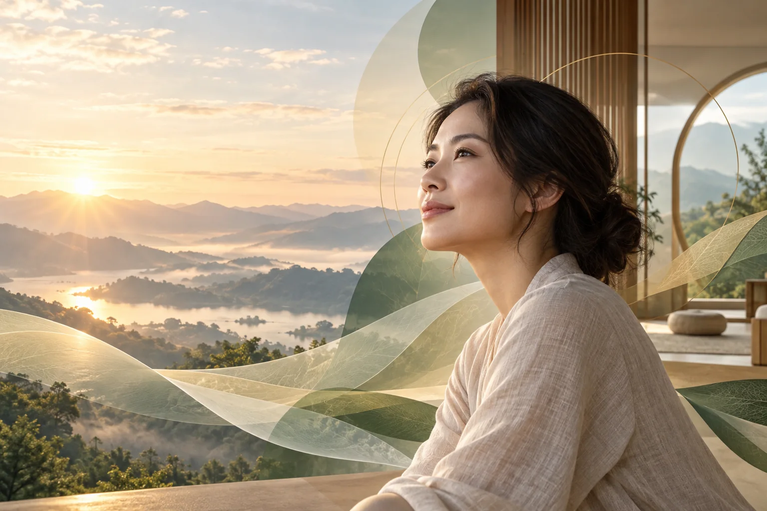 A woman looking toward a golden sunrise over misty hills