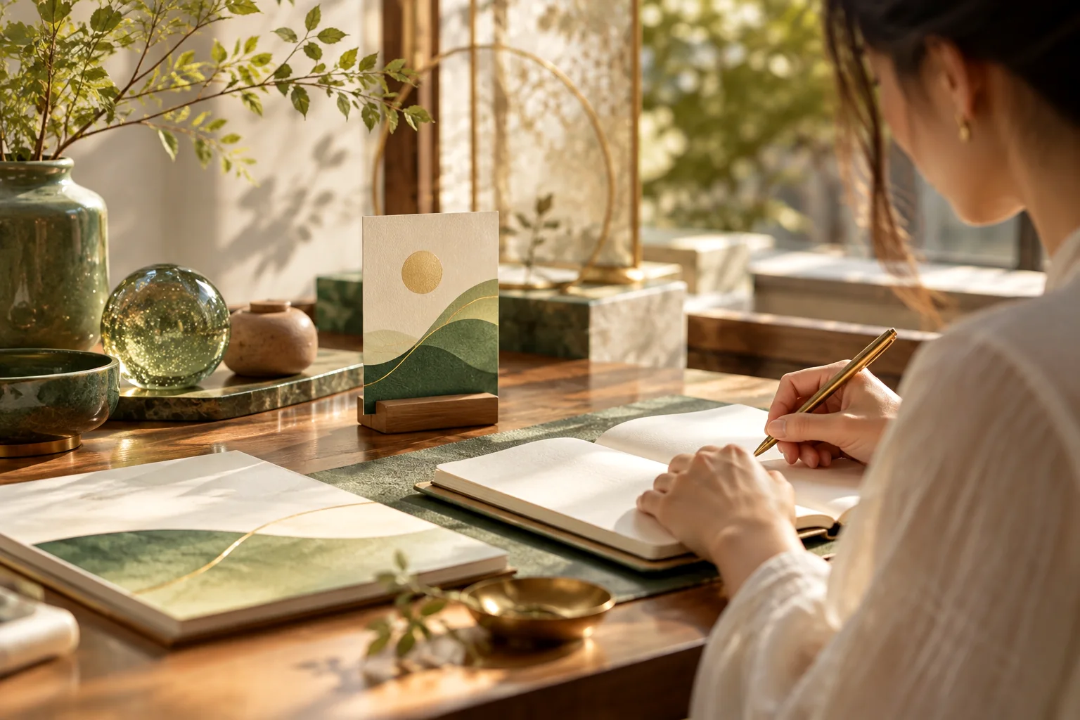 A woman writing beside her personal growth report in morning light